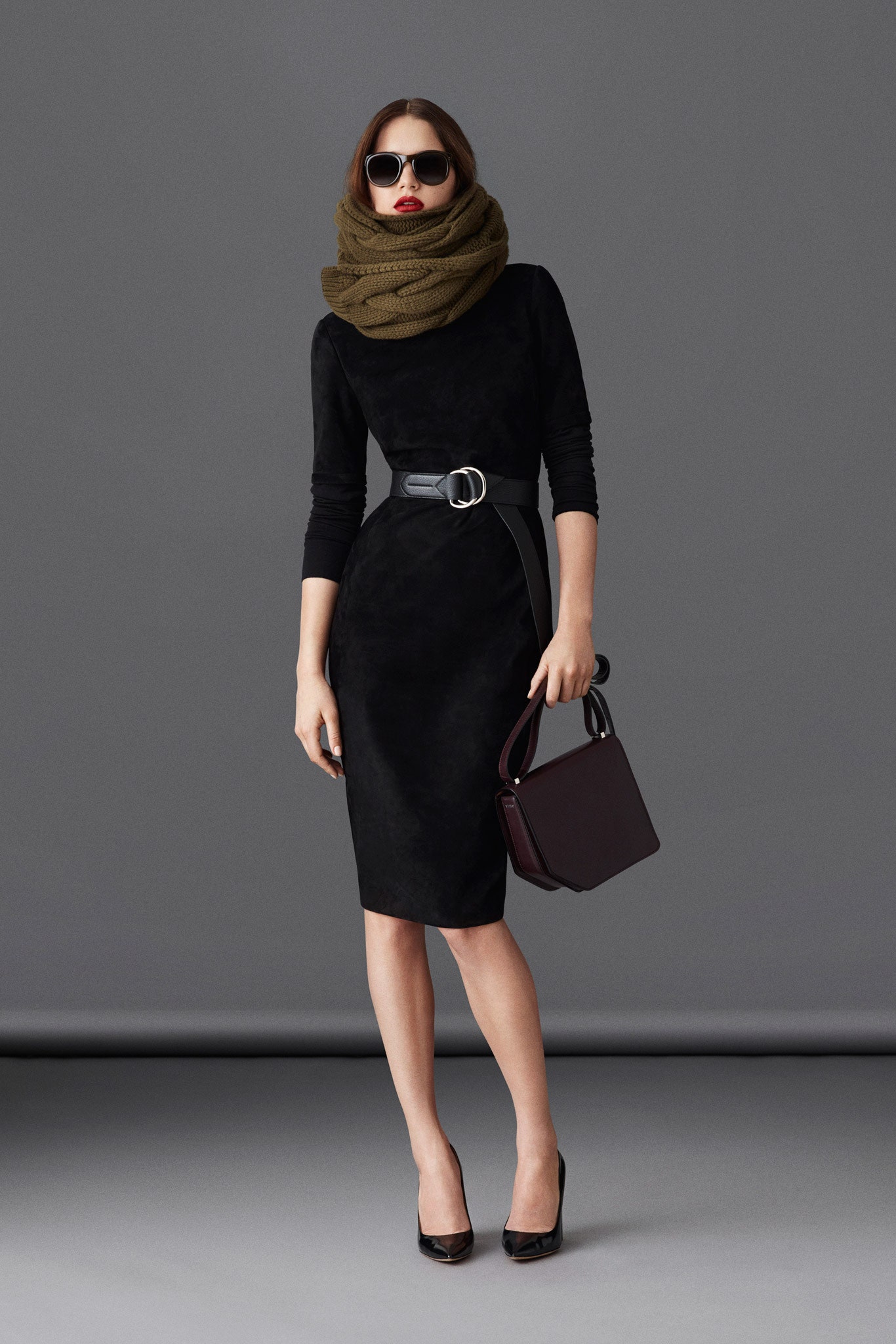 black fitted suede midi dress