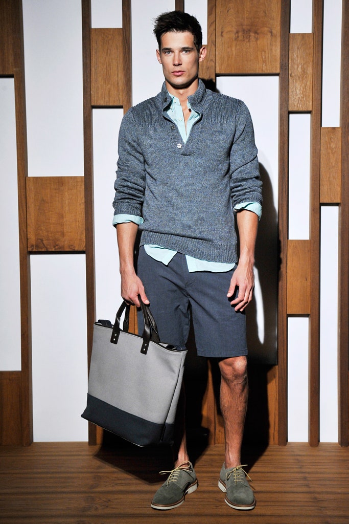 gray sweater with navy shorts