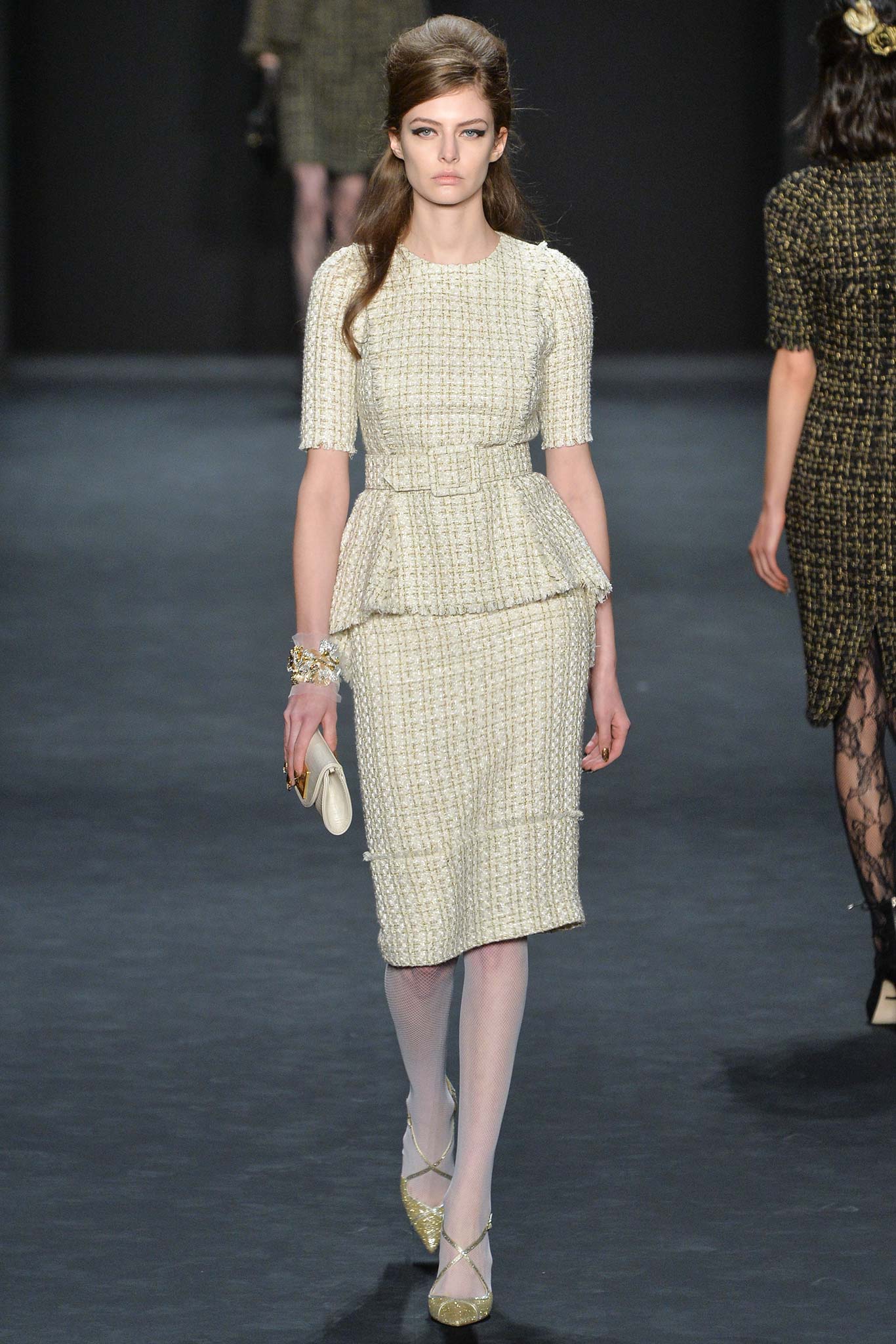 fitted beige tweed midi dress