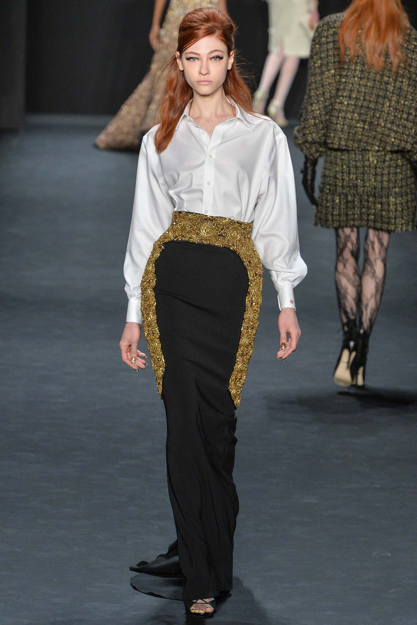 white silk shirt and black pencil skirt