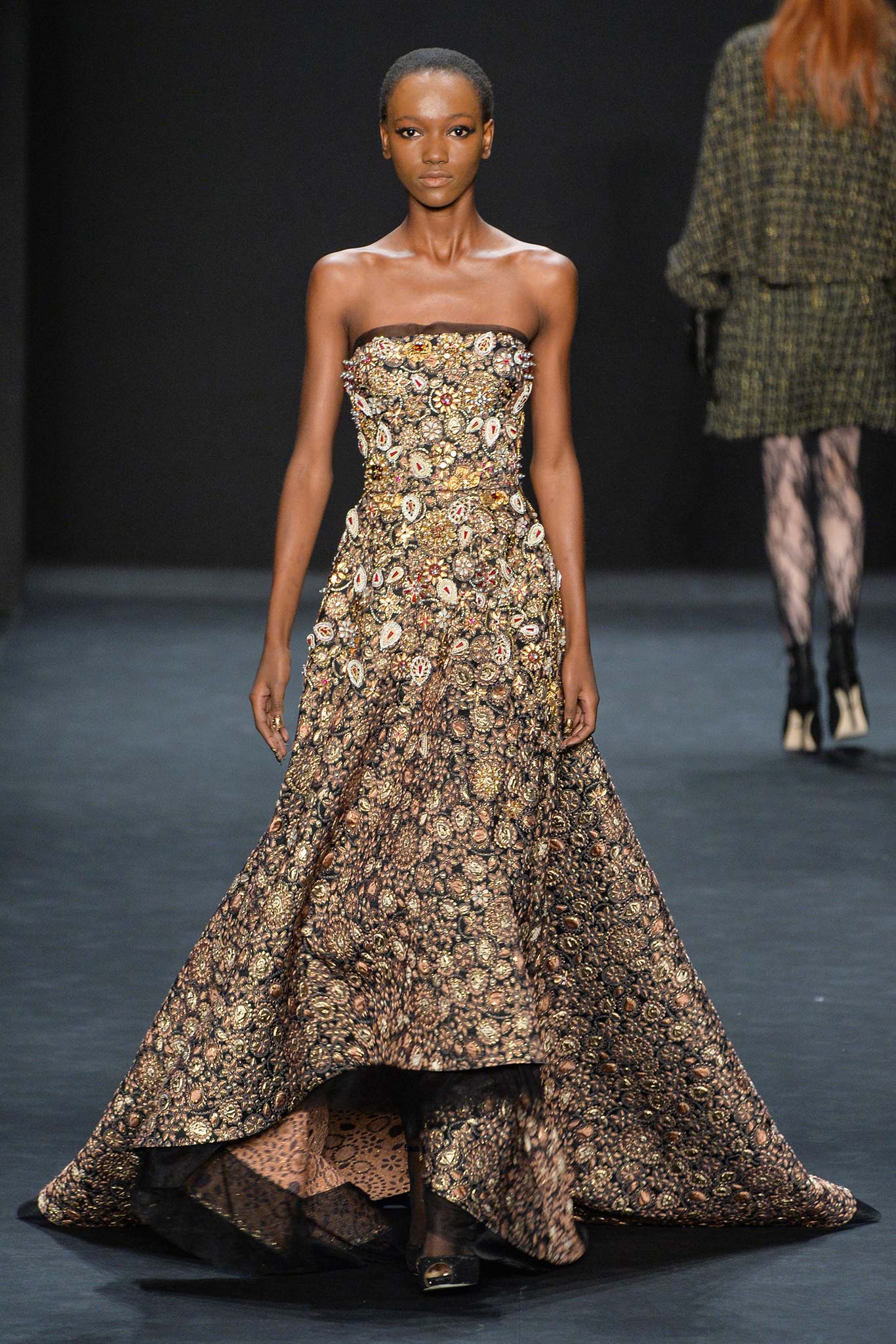 brown and gold embroidered gown
