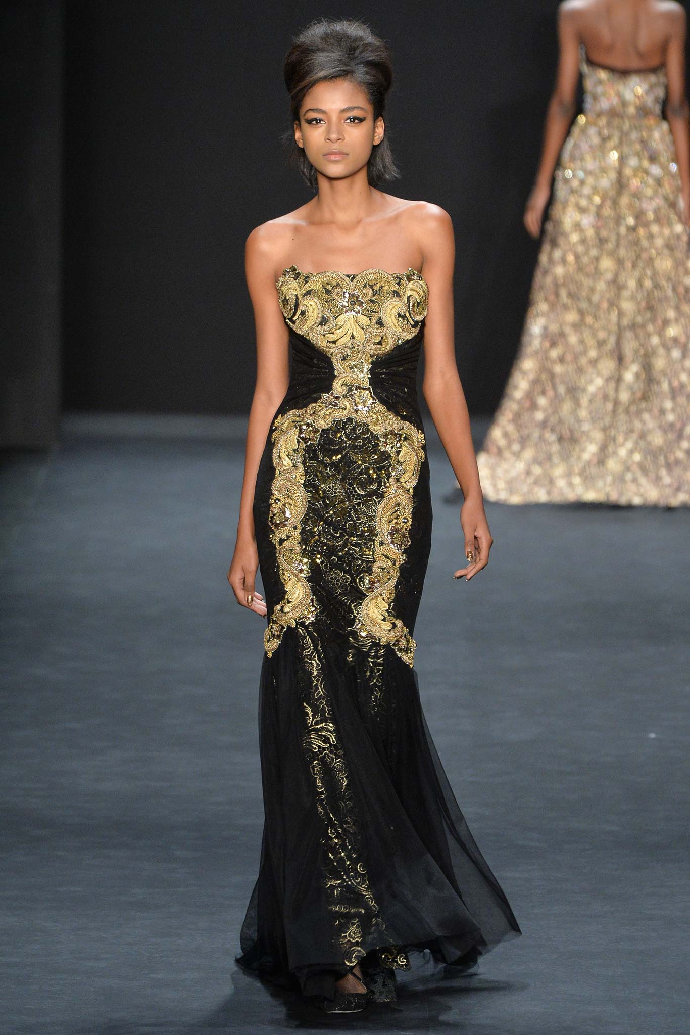 black and gold embroidered gown