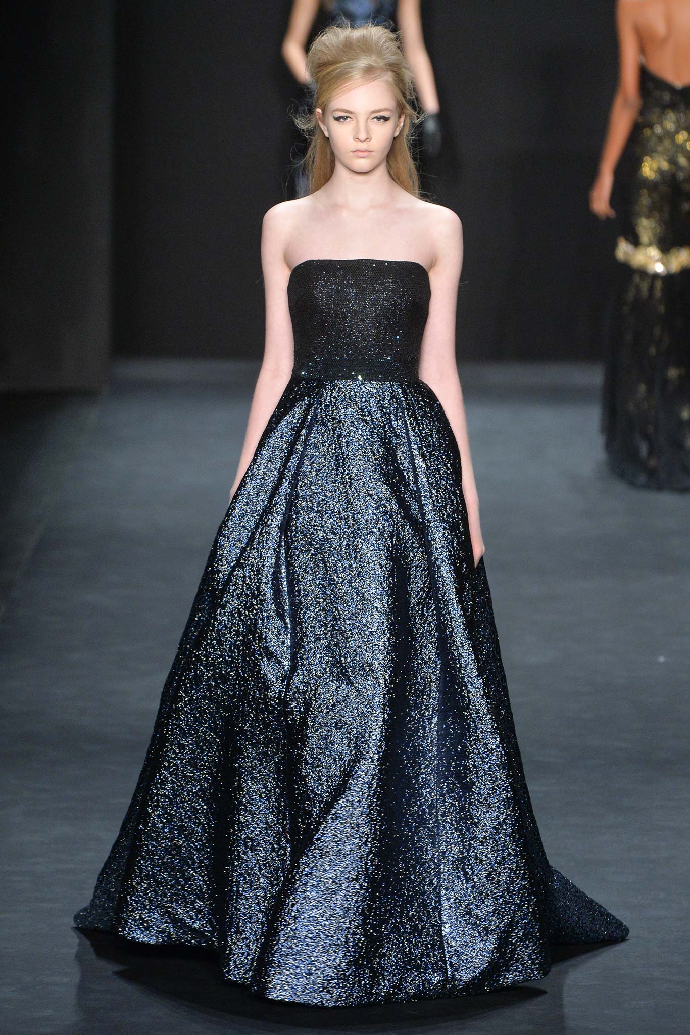 black and blue strapless gown