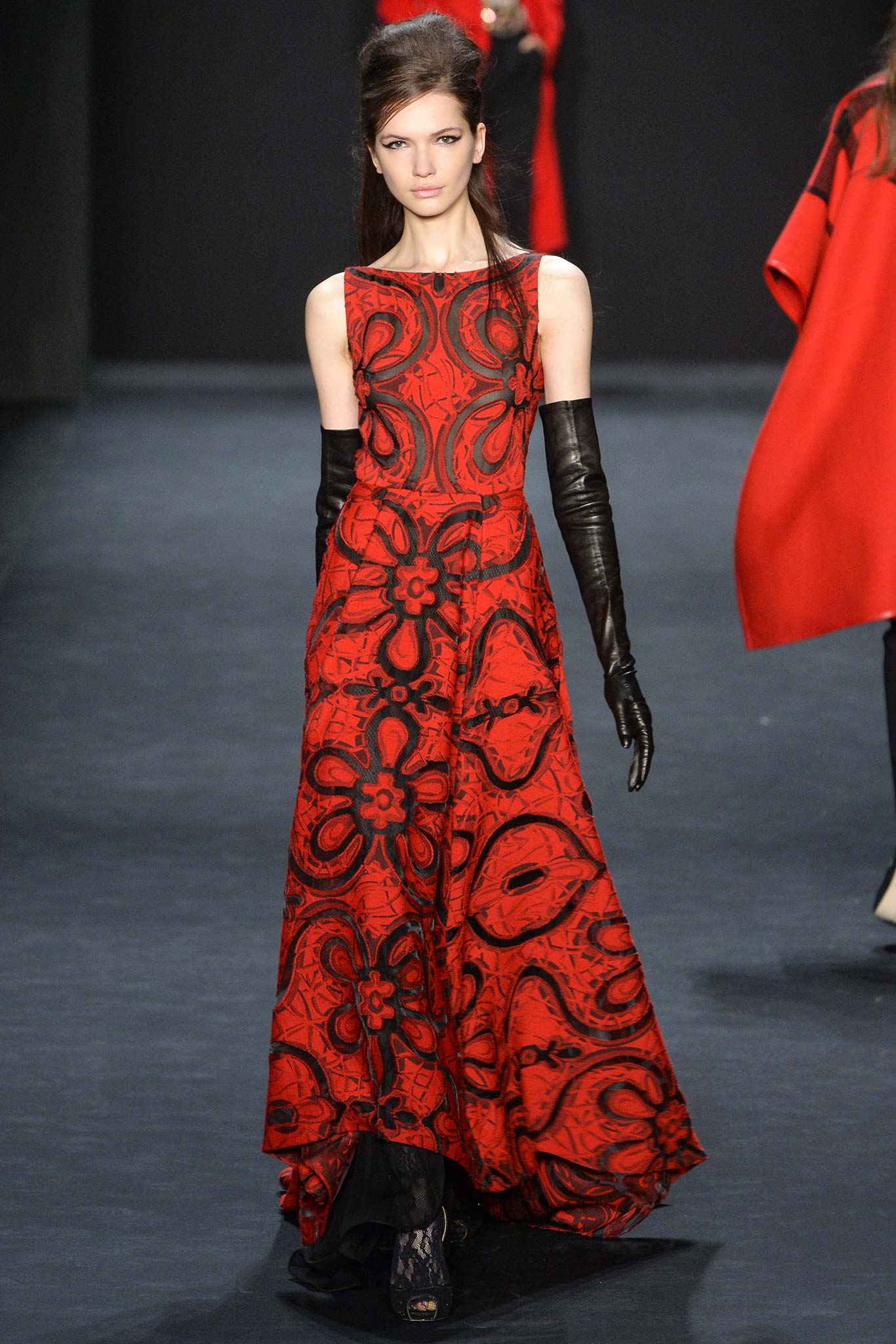 red silk gown with black gloves