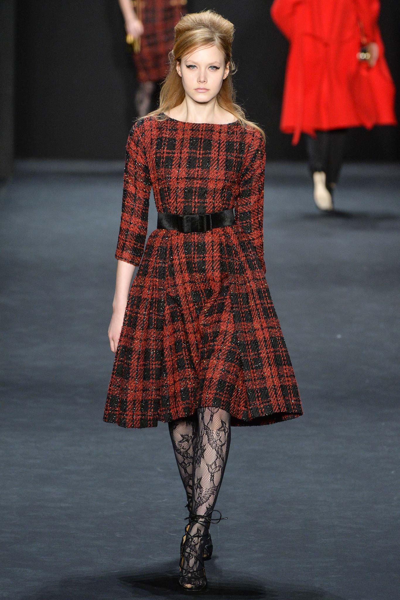 red and black checked midi dress