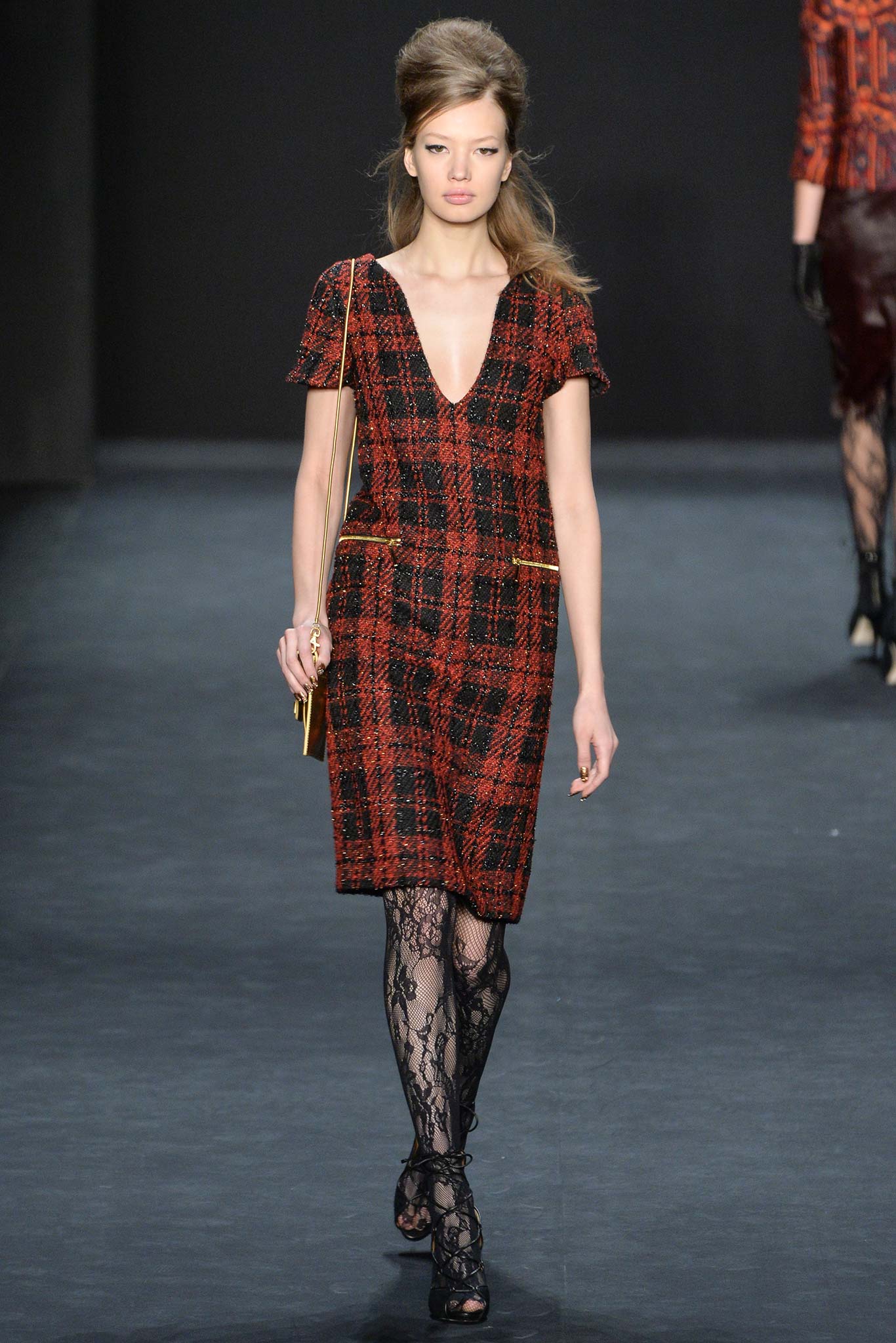 red checked mini dress with lace leggings