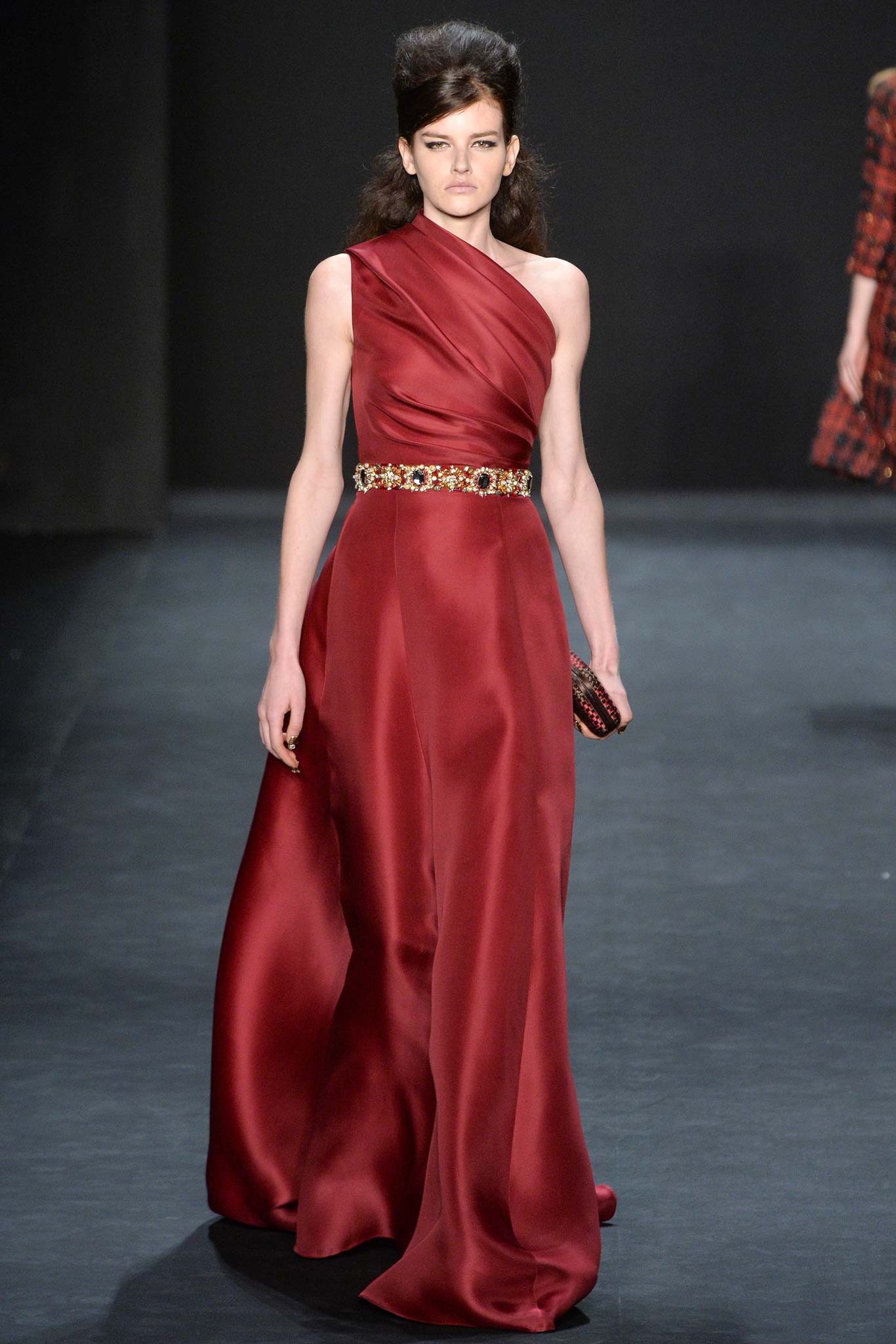 red silk asymmetric gown