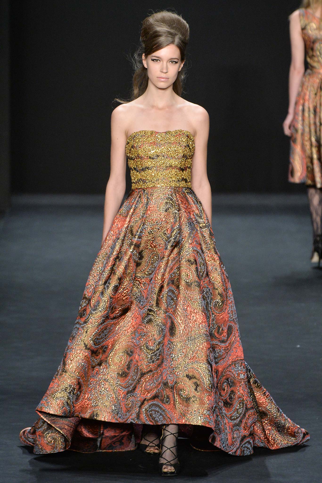 gold and red strapless gown