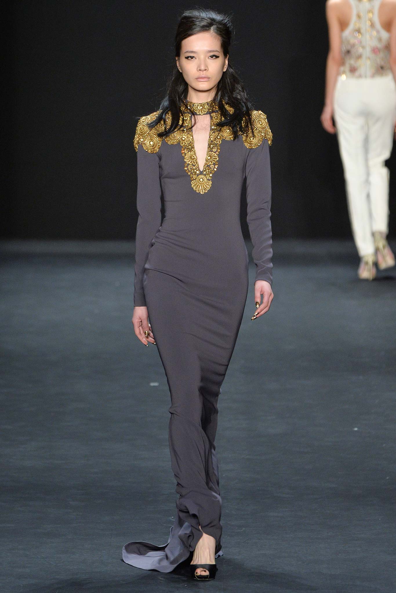 gray silk fitted gown