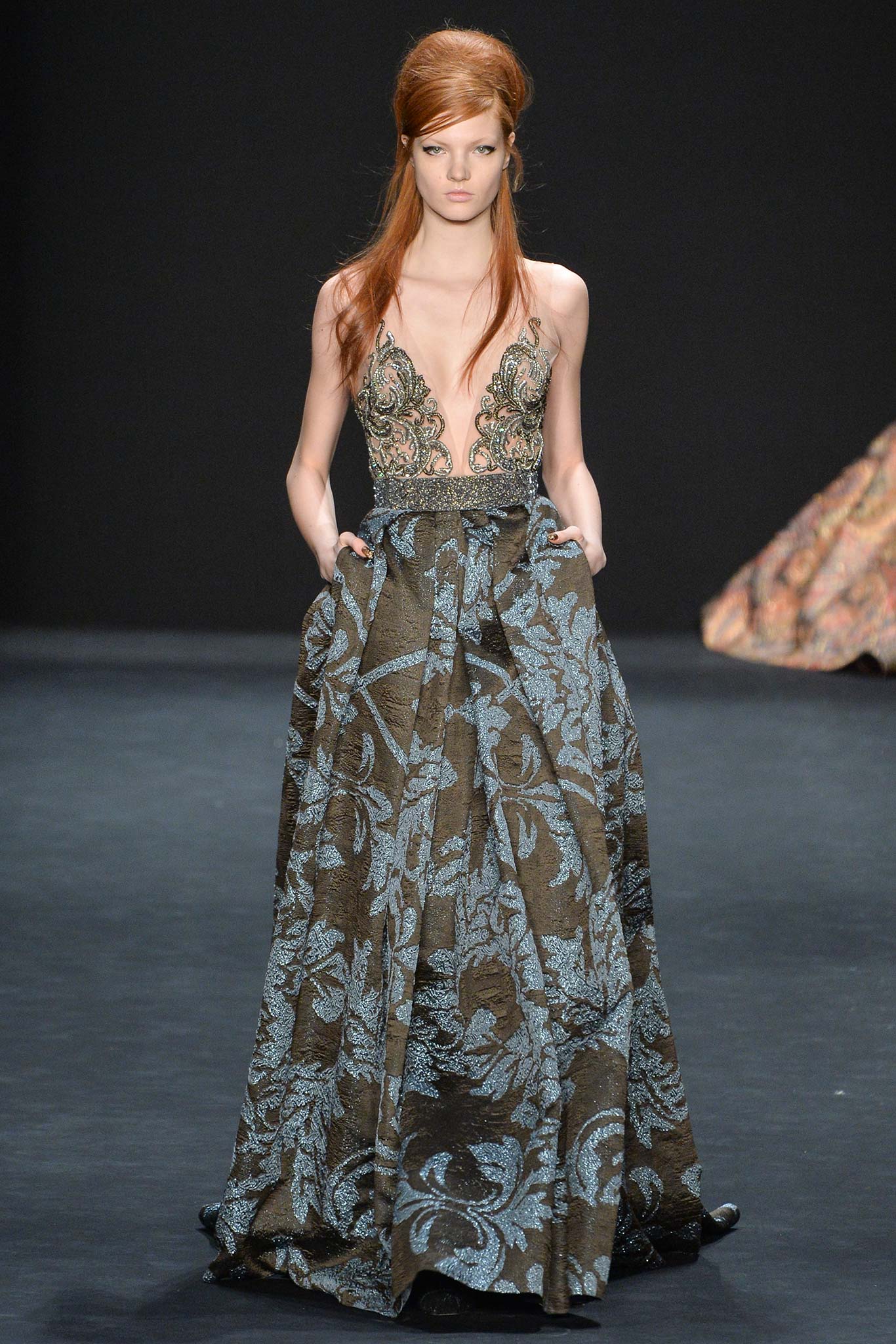 brown and blue embellished gown