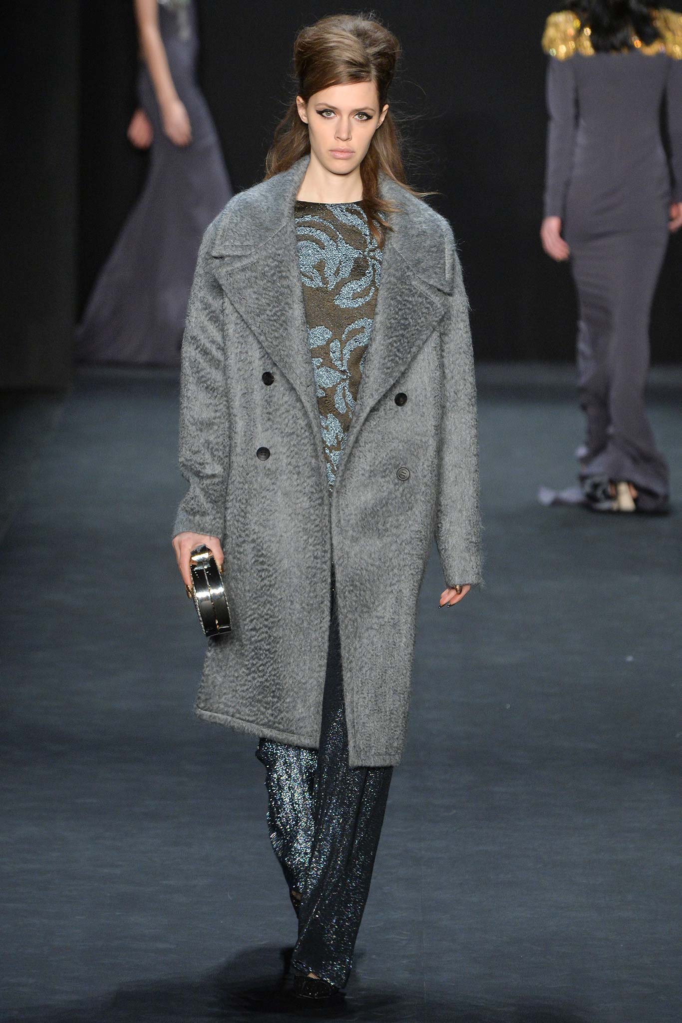 gray wool coat with blue top
