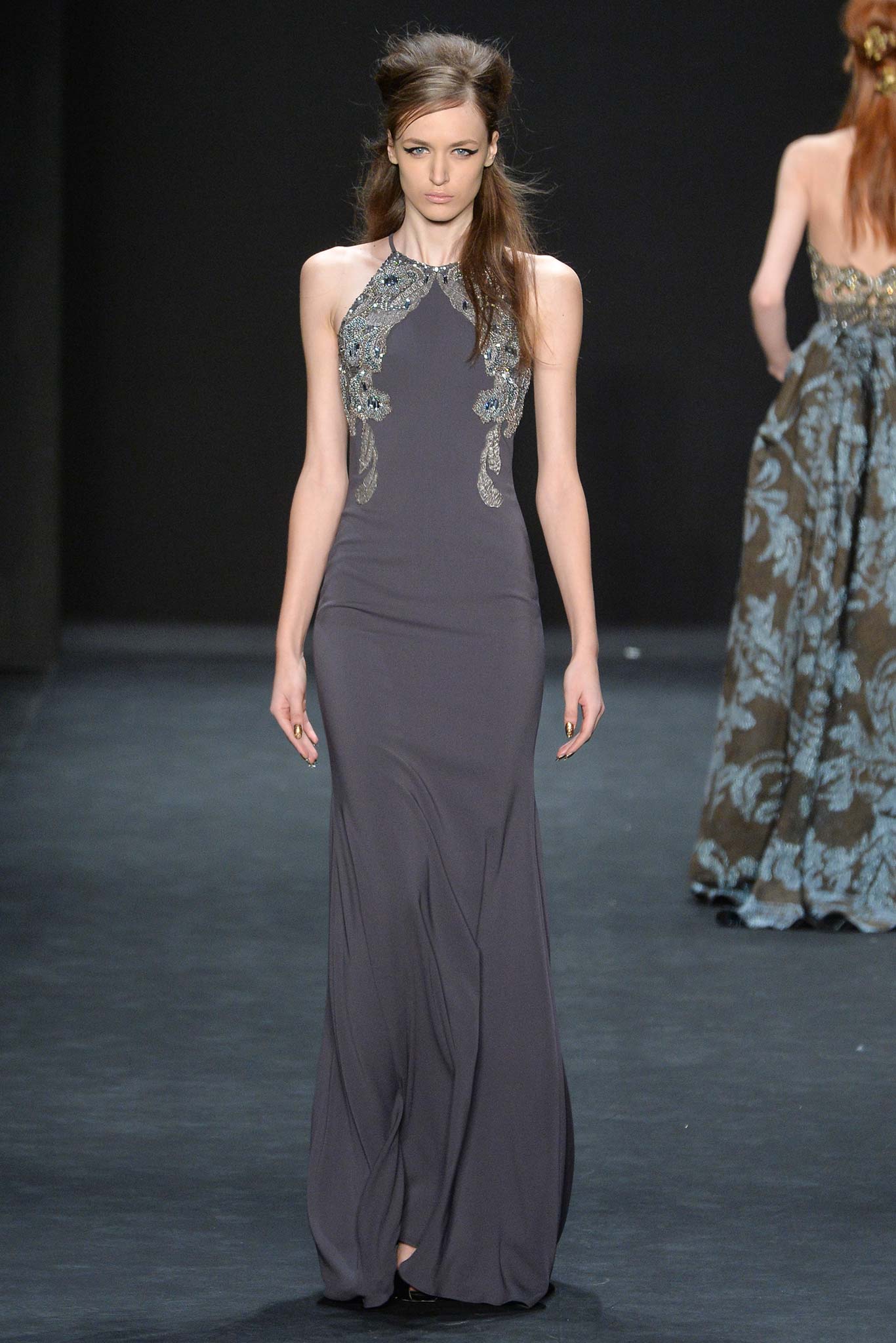 gray silk sleeveless gown