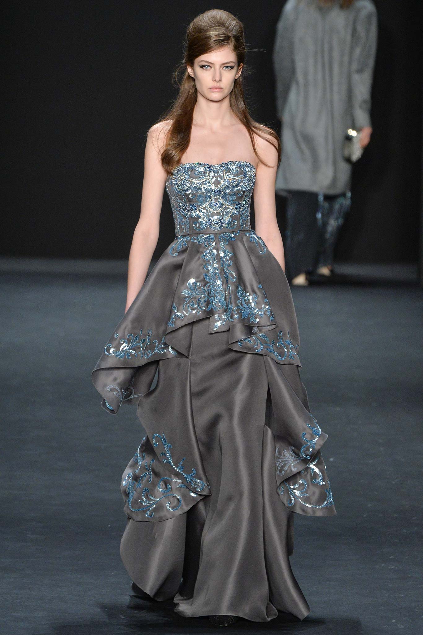 gray silk strapless gown