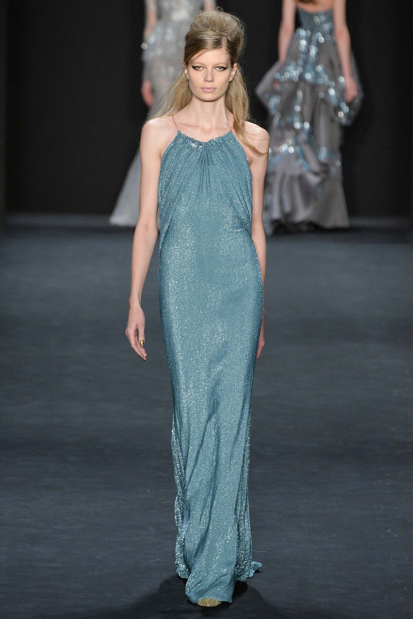 blue silk sleeveless gown
