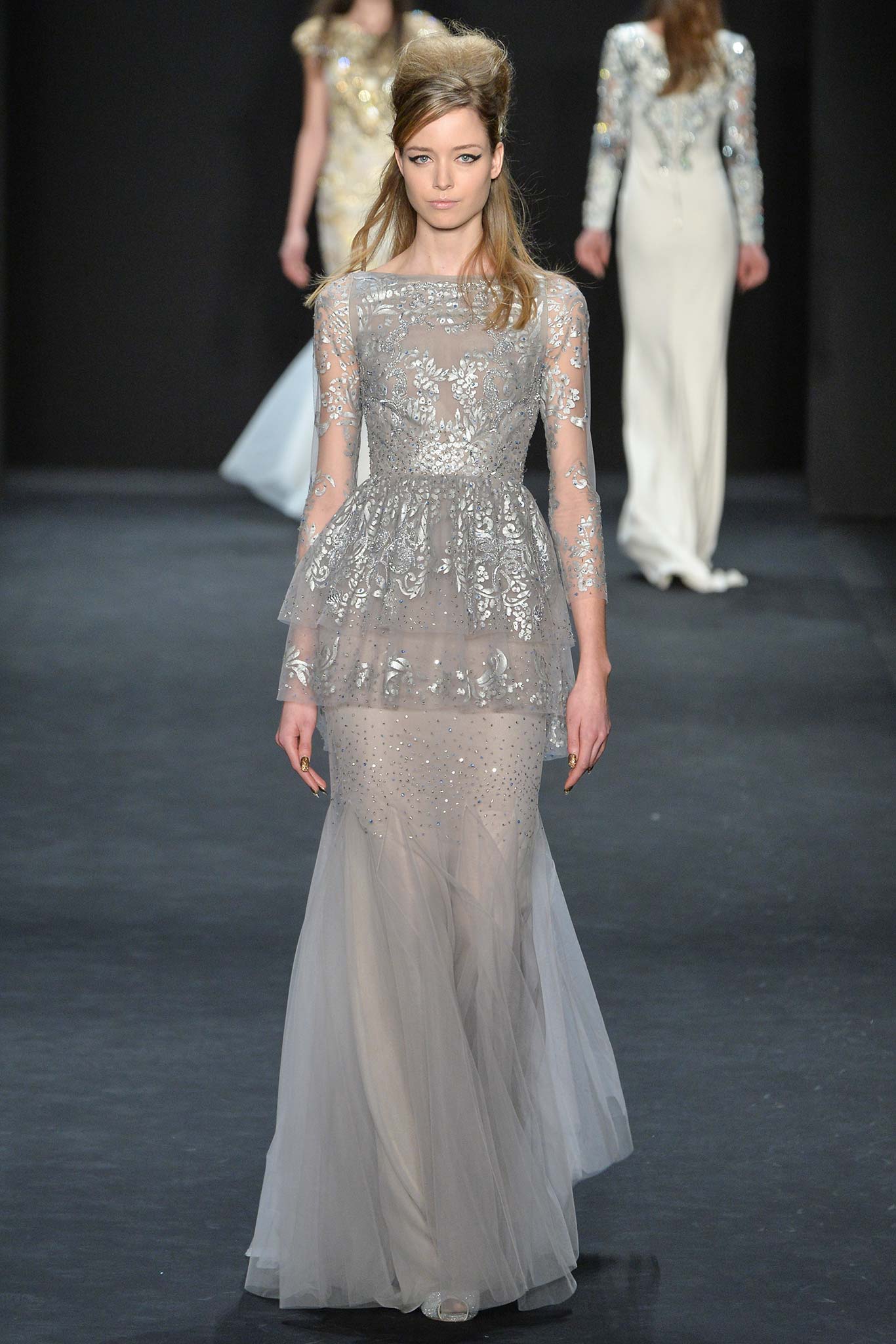 gray tulle long-sleeve gown