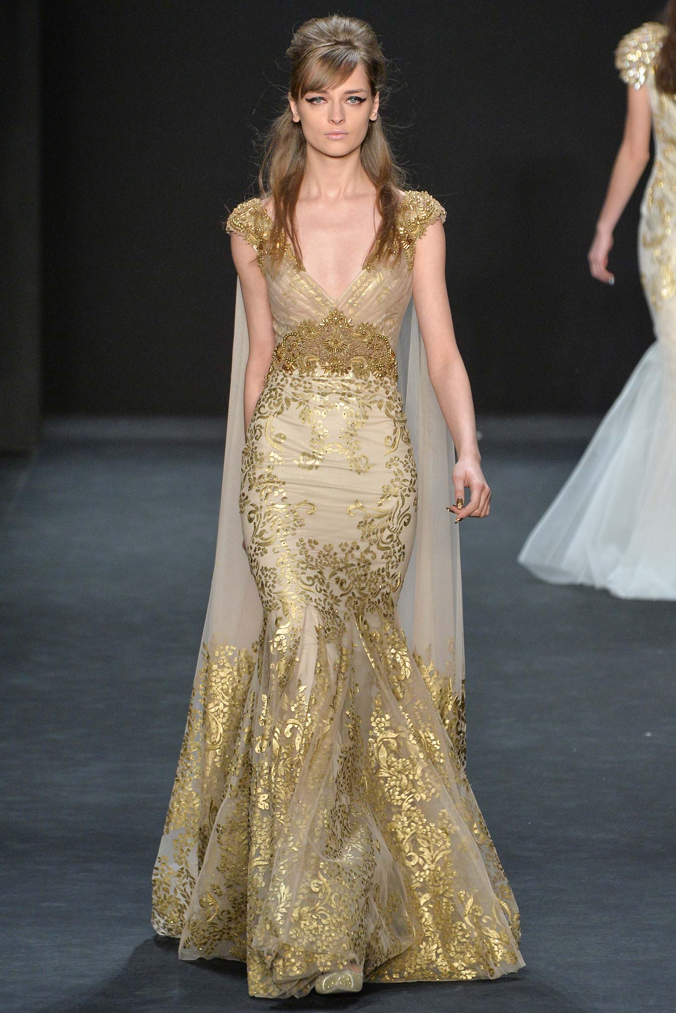gold beige embroidered gown with cape
