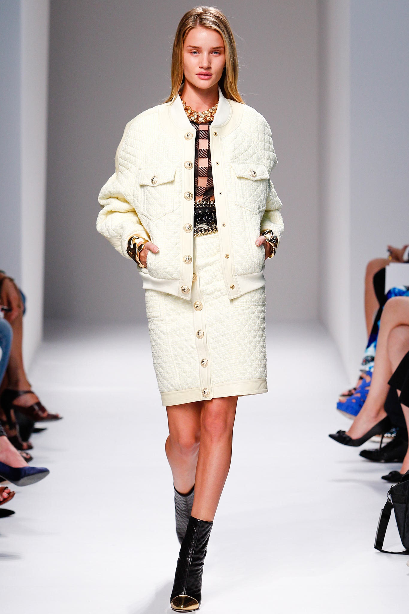 white quilted jacket and midi skirt