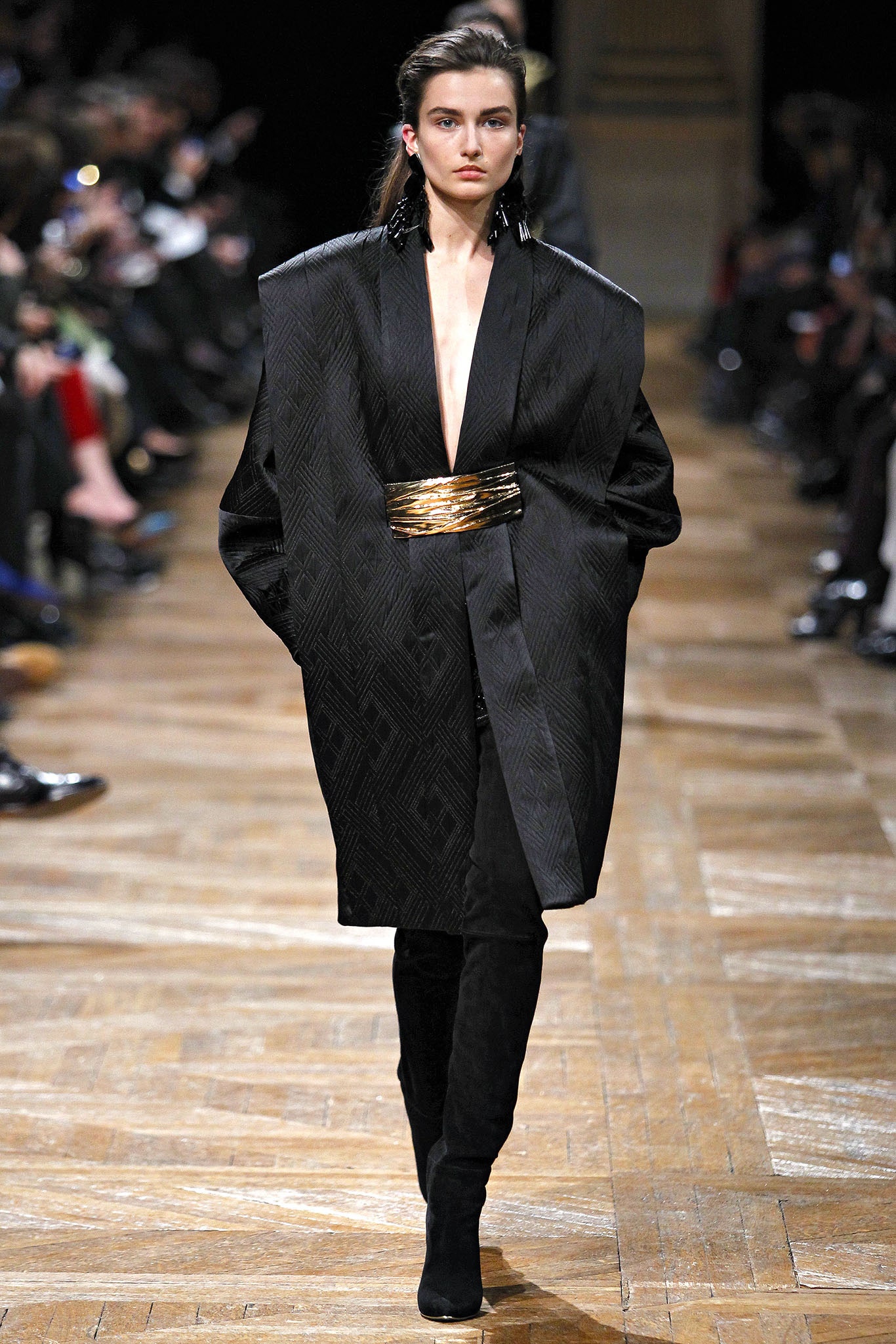 black silk coat with belted pants