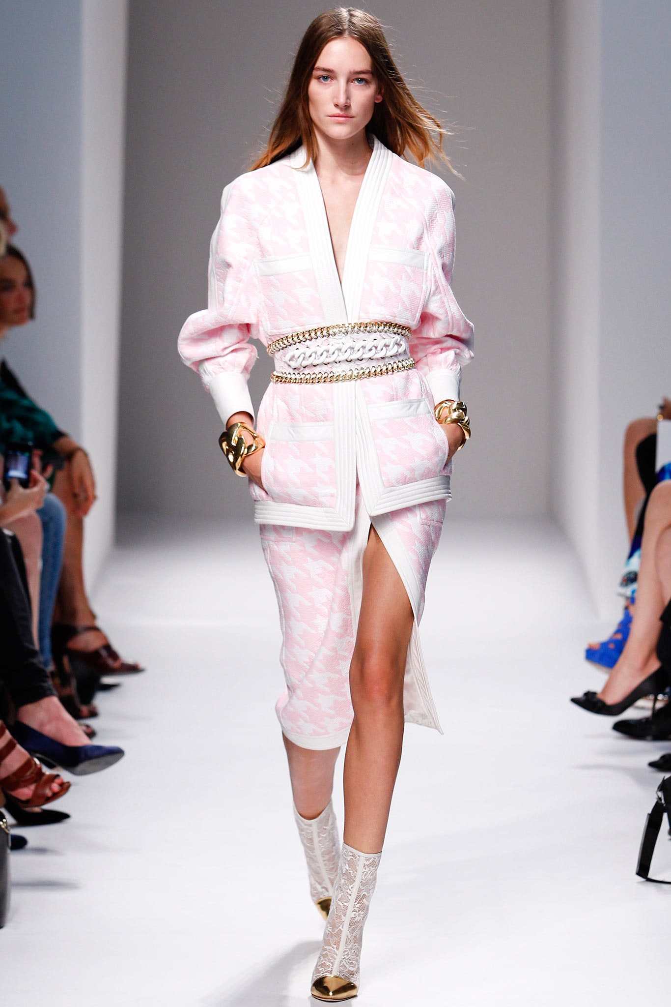 pink and white belted midi dress