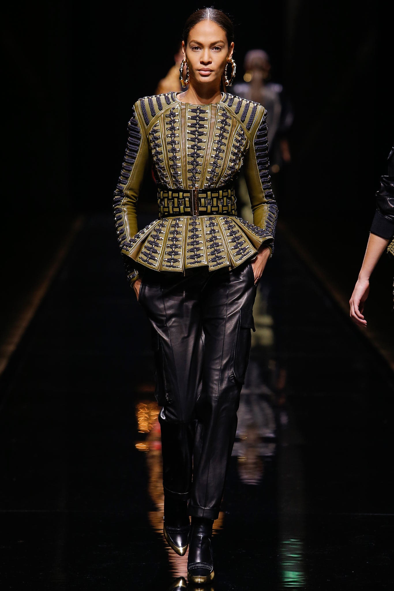 fitted black leather jacket and pants