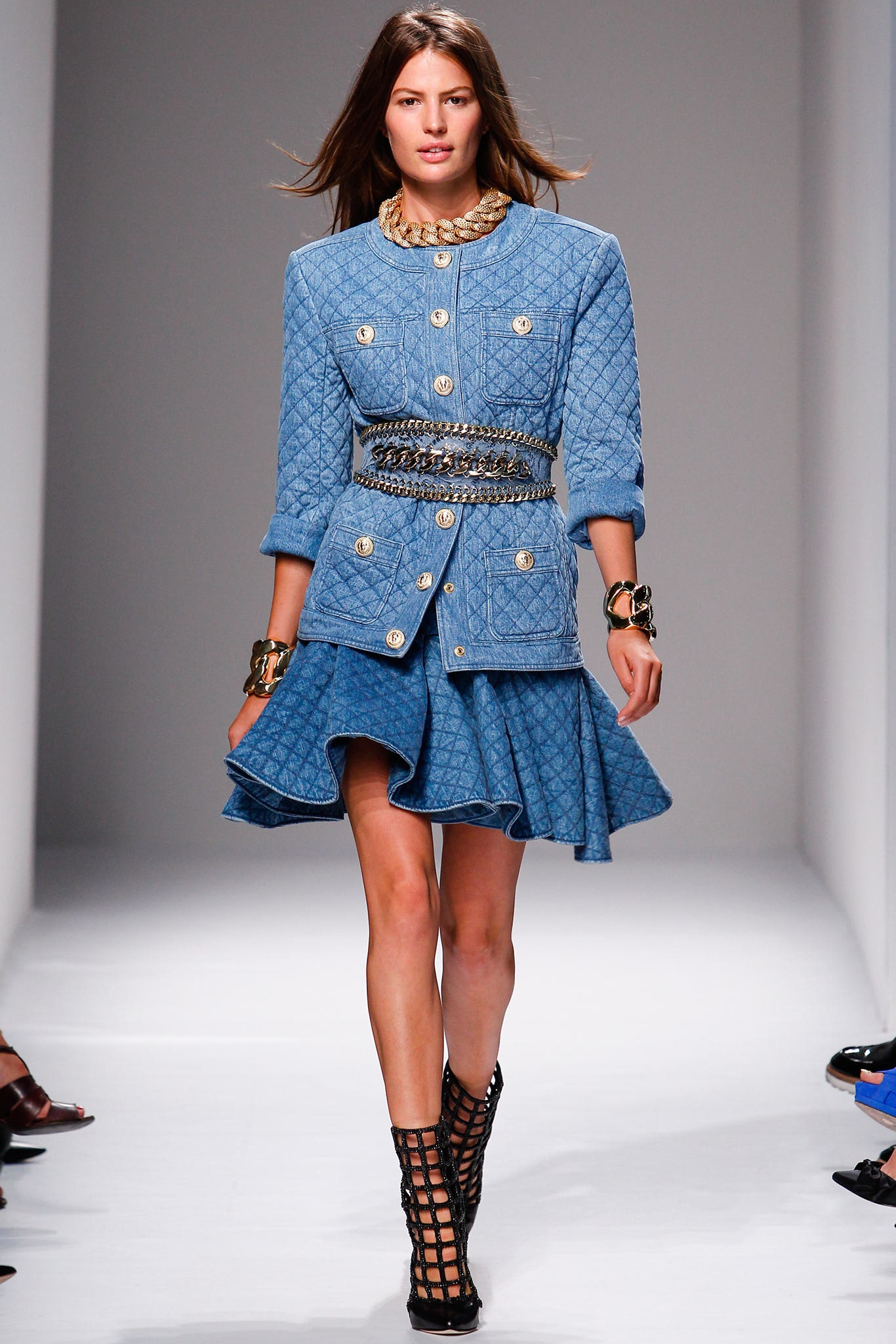 blue denim long-sleeve collared fitted pleated buttoned dress