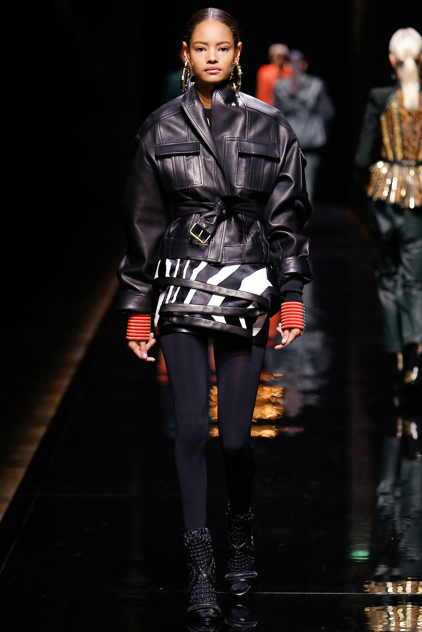 black leather long-sleeve collared oversized zippered belted jacket