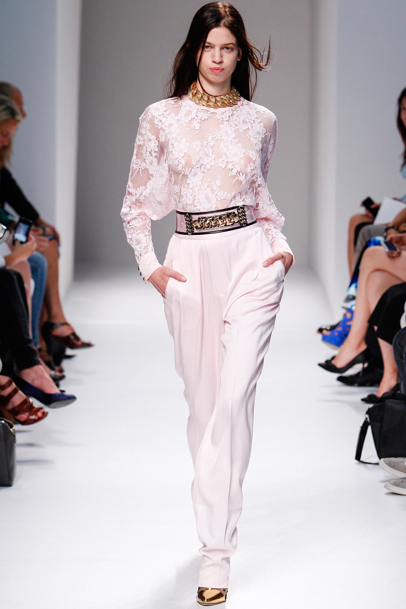 white lace blouse pink pants