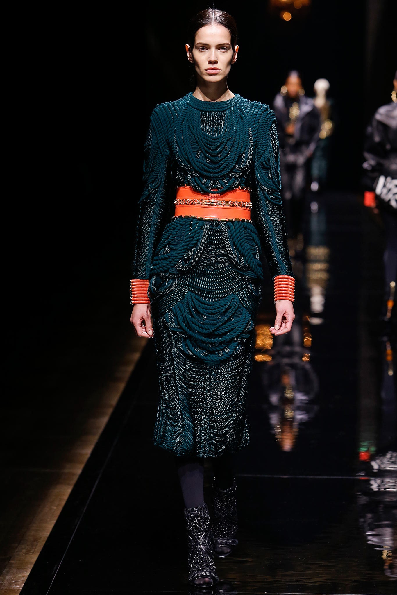 green pleated midi dress with orange belt