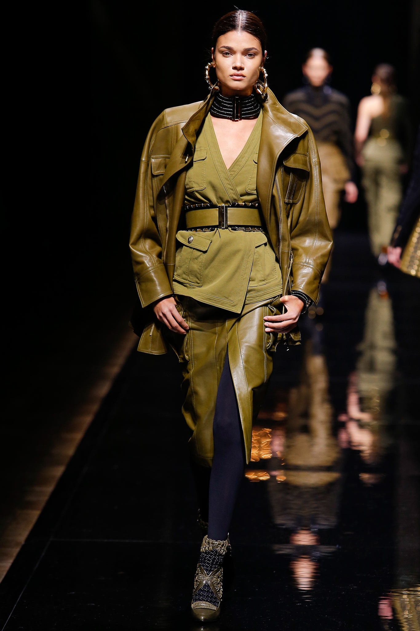 green leather jacket and fitted top