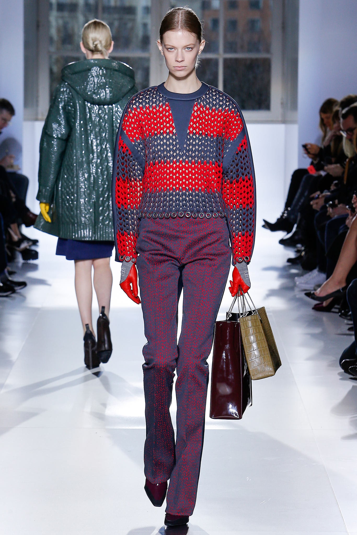red and blue fitted sweater with slim pants