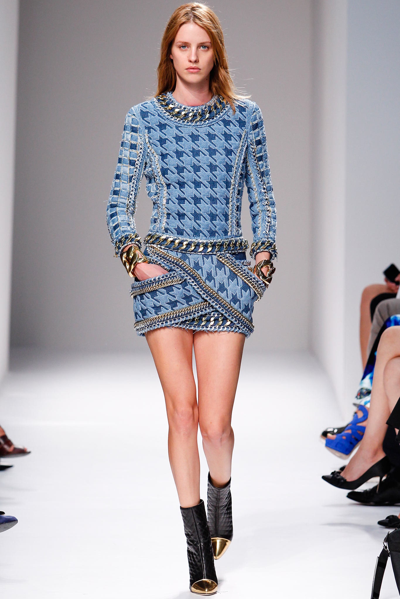 blue cotton long-sleeve collared fitted pleated zippered dress