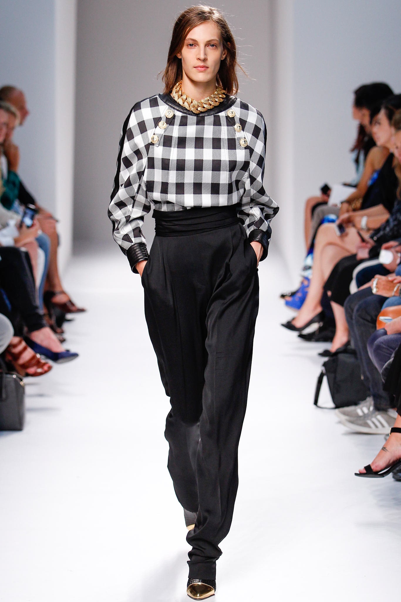 black and white checked top with relaxed pants