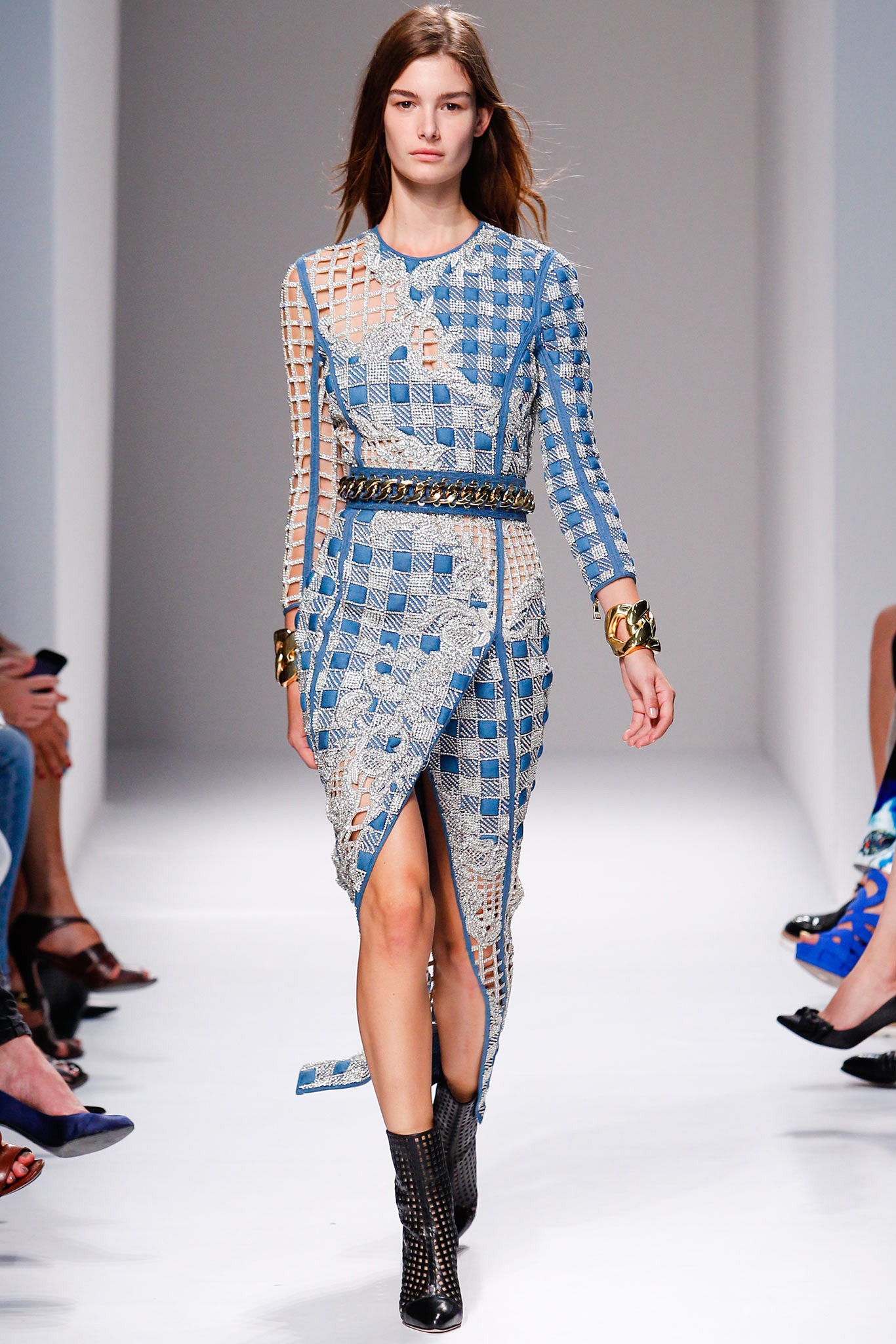 blue and white fitted midi dress