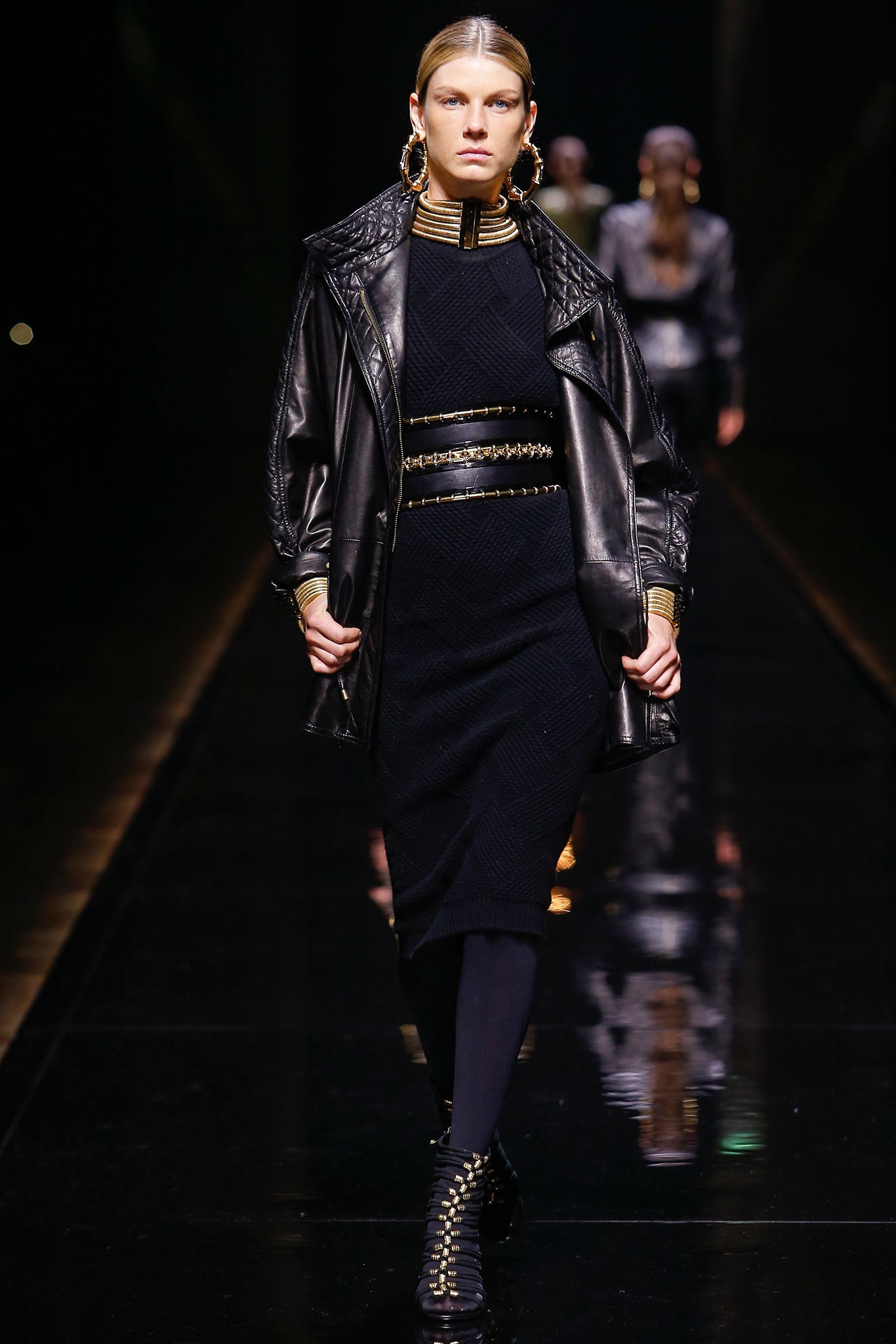 black fitted midi dress with leather jacket