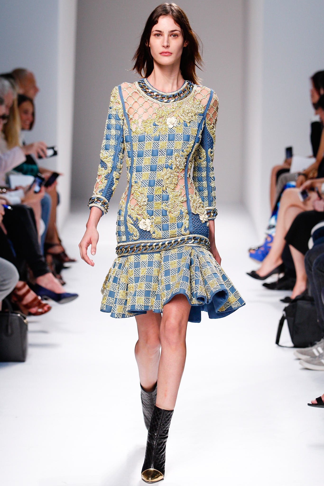 blue and yellow embroidered mini dress