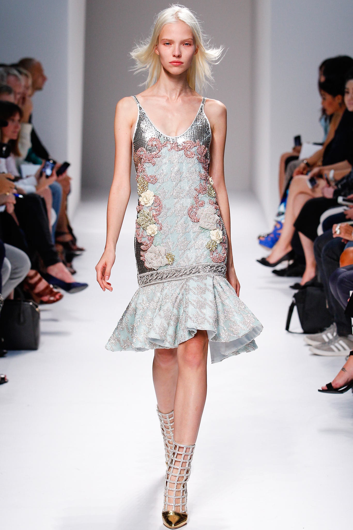 blue silk sleeveless v-neck fitted flared embroidered dress
