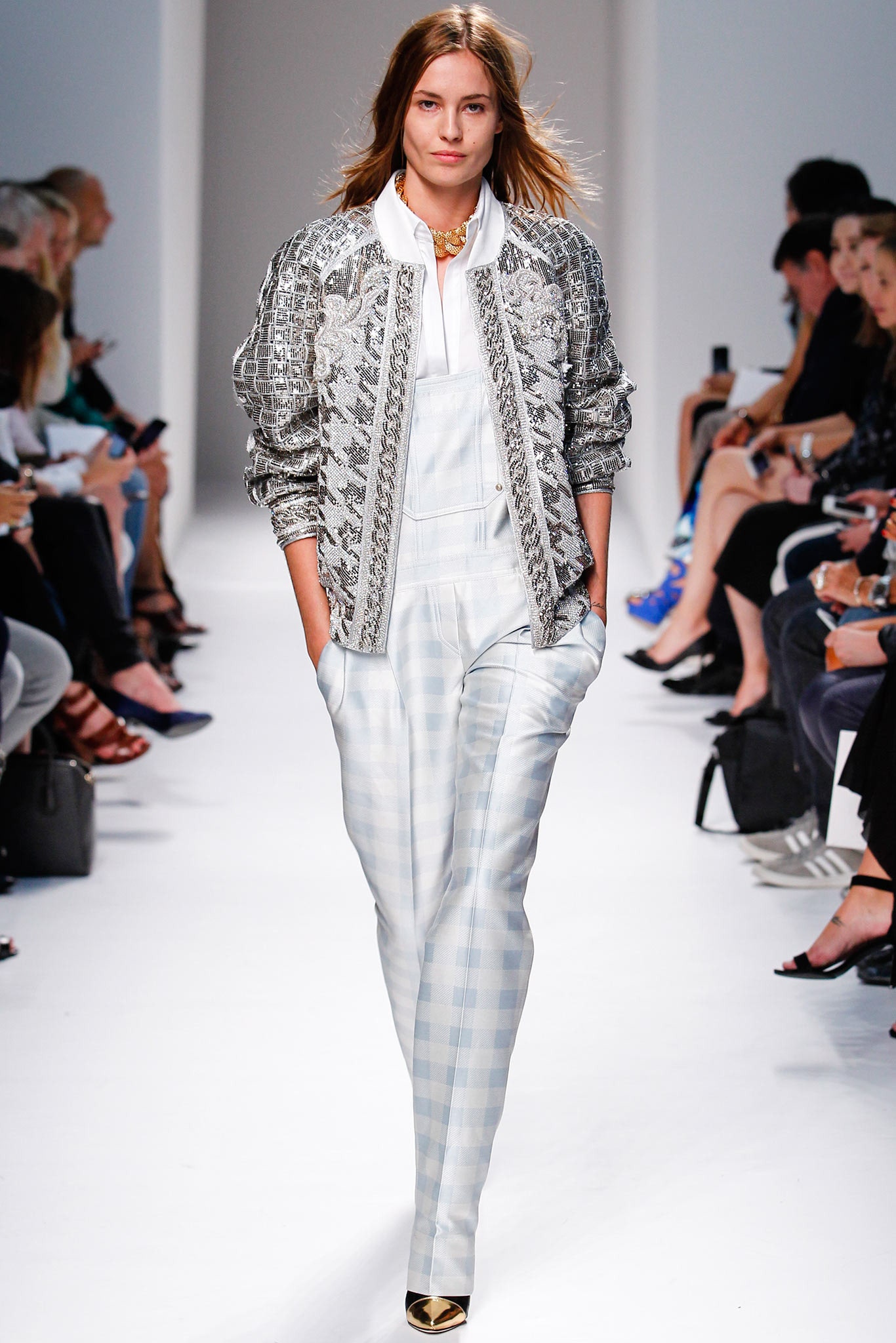 gray embroidered jacket with blue jumpsuit