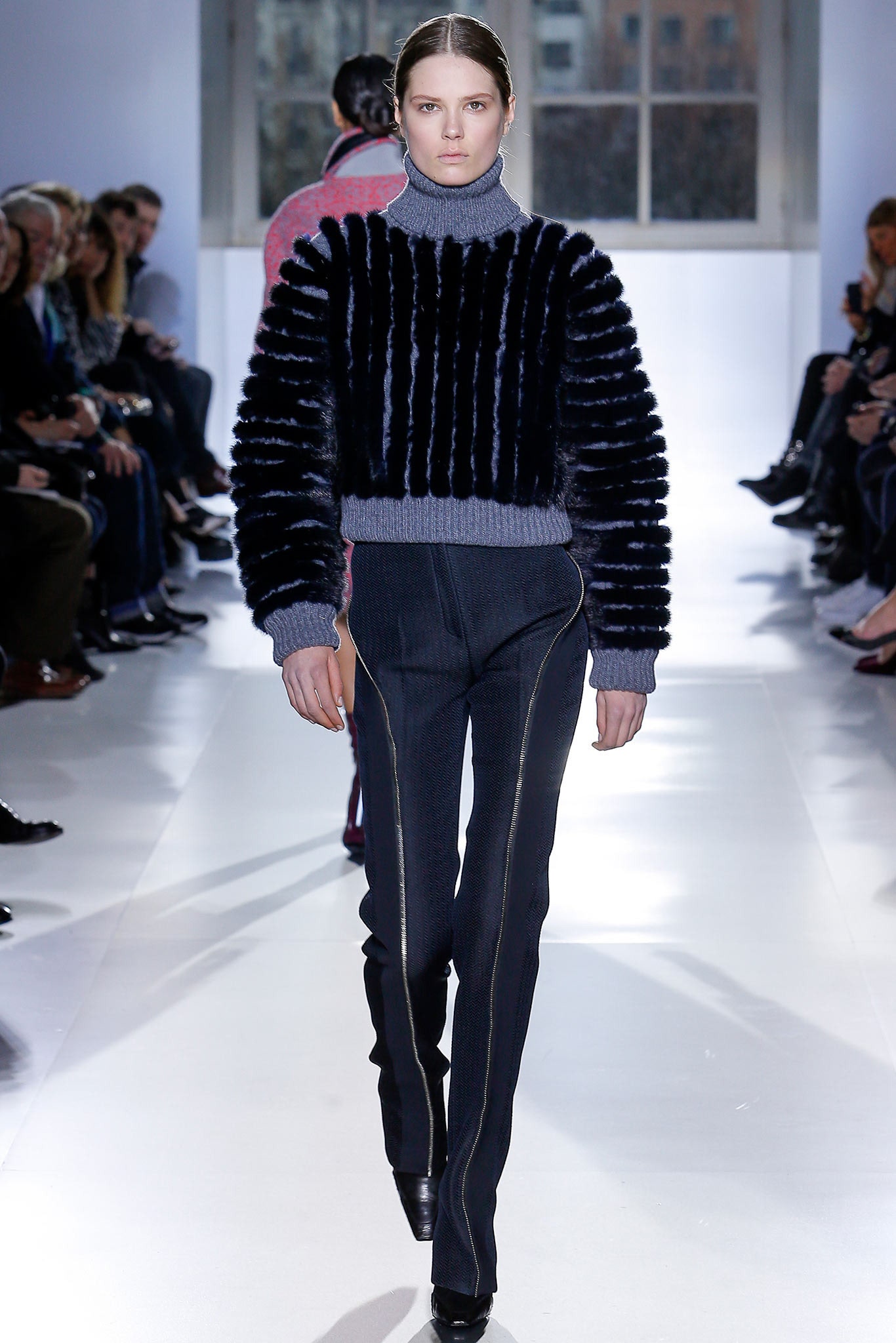 black fur striped sweater and slim pants