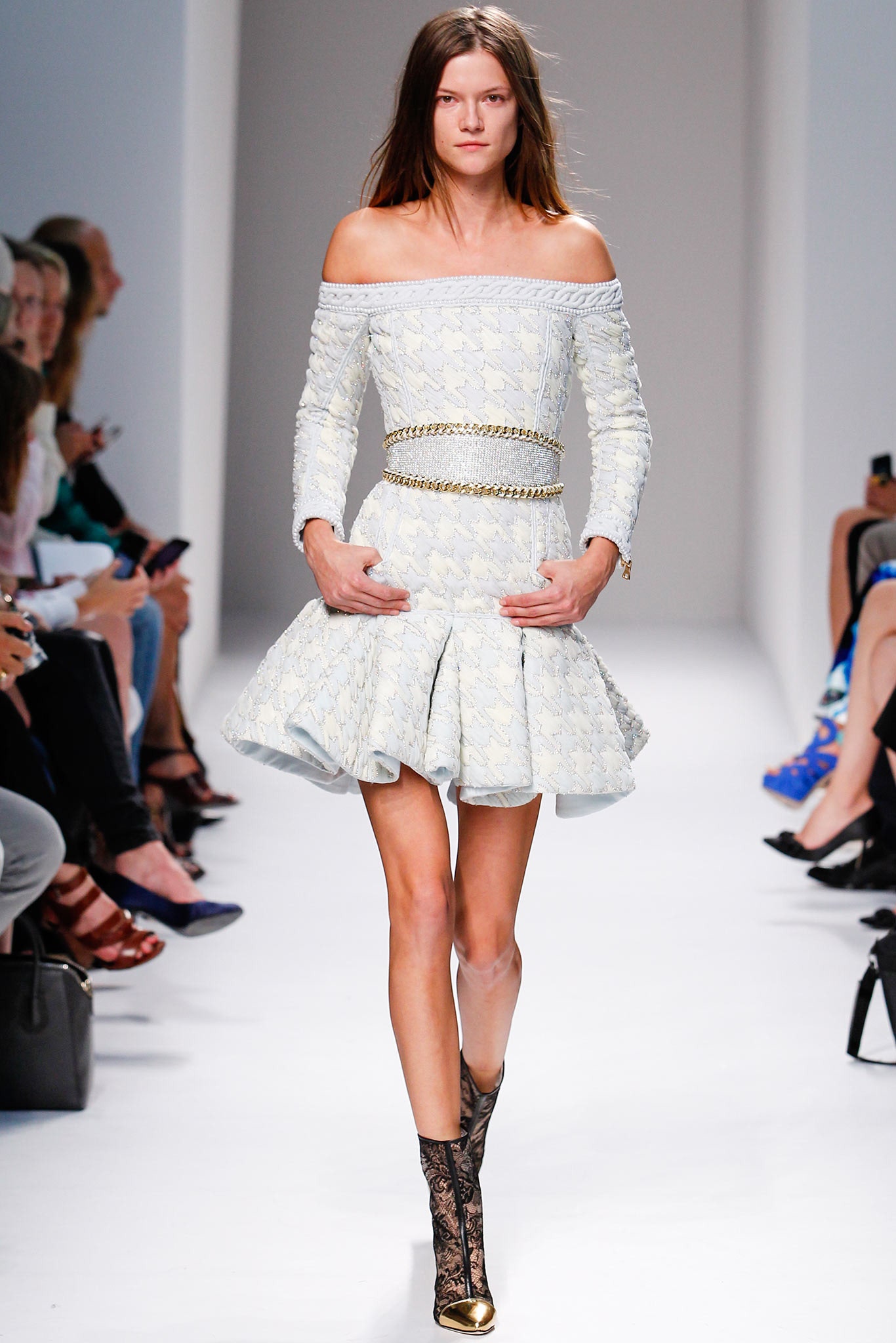 white cotton long-sleeve off-shoulder fitted pleated tiered dress