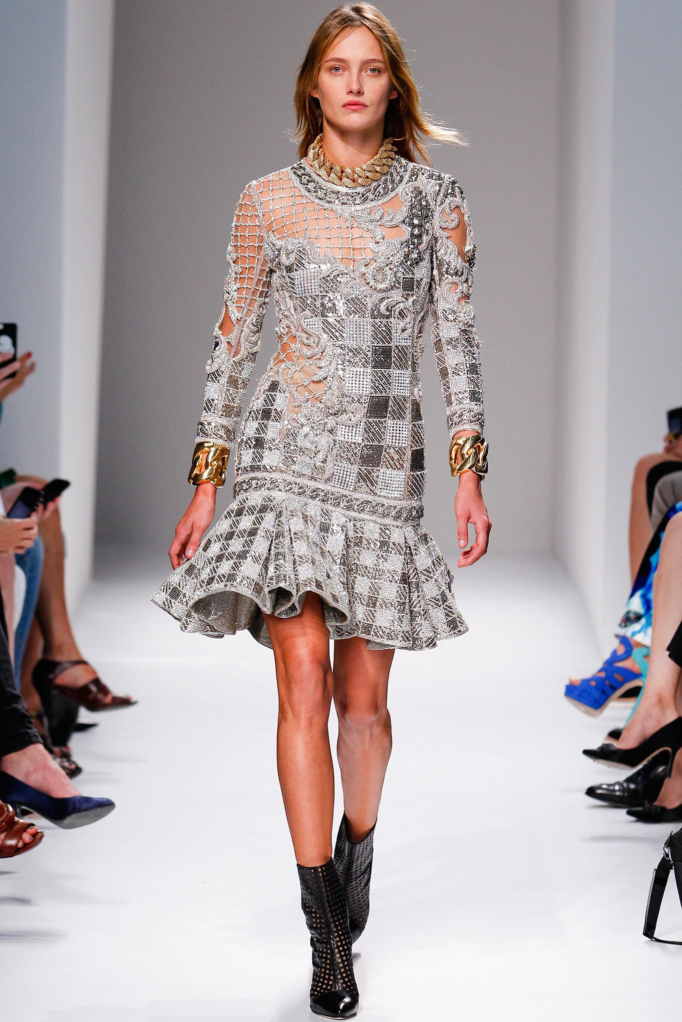 gray lace long-sleeve mini dress