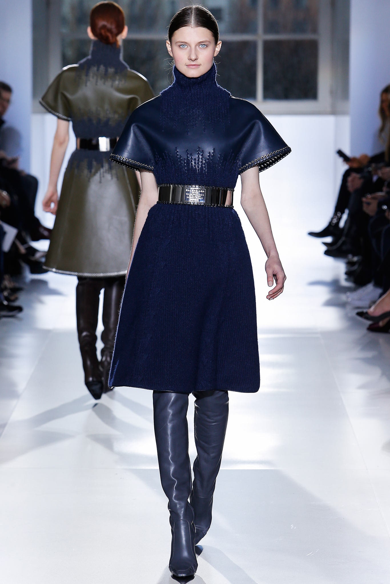 navy wool leather belted dress