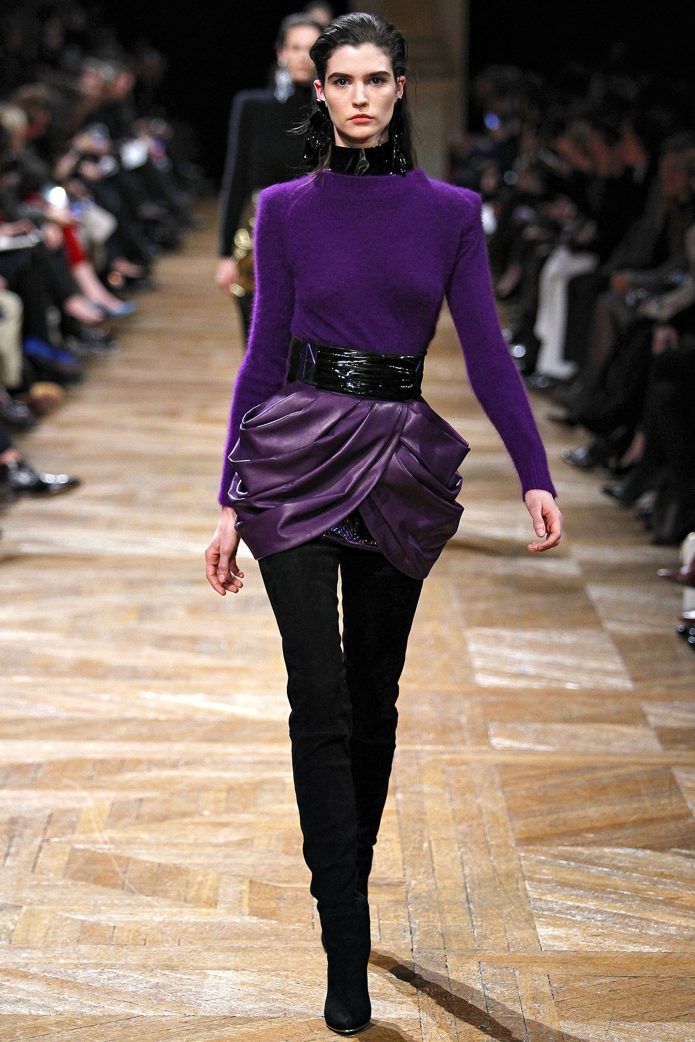 fitted purple top with black skirt