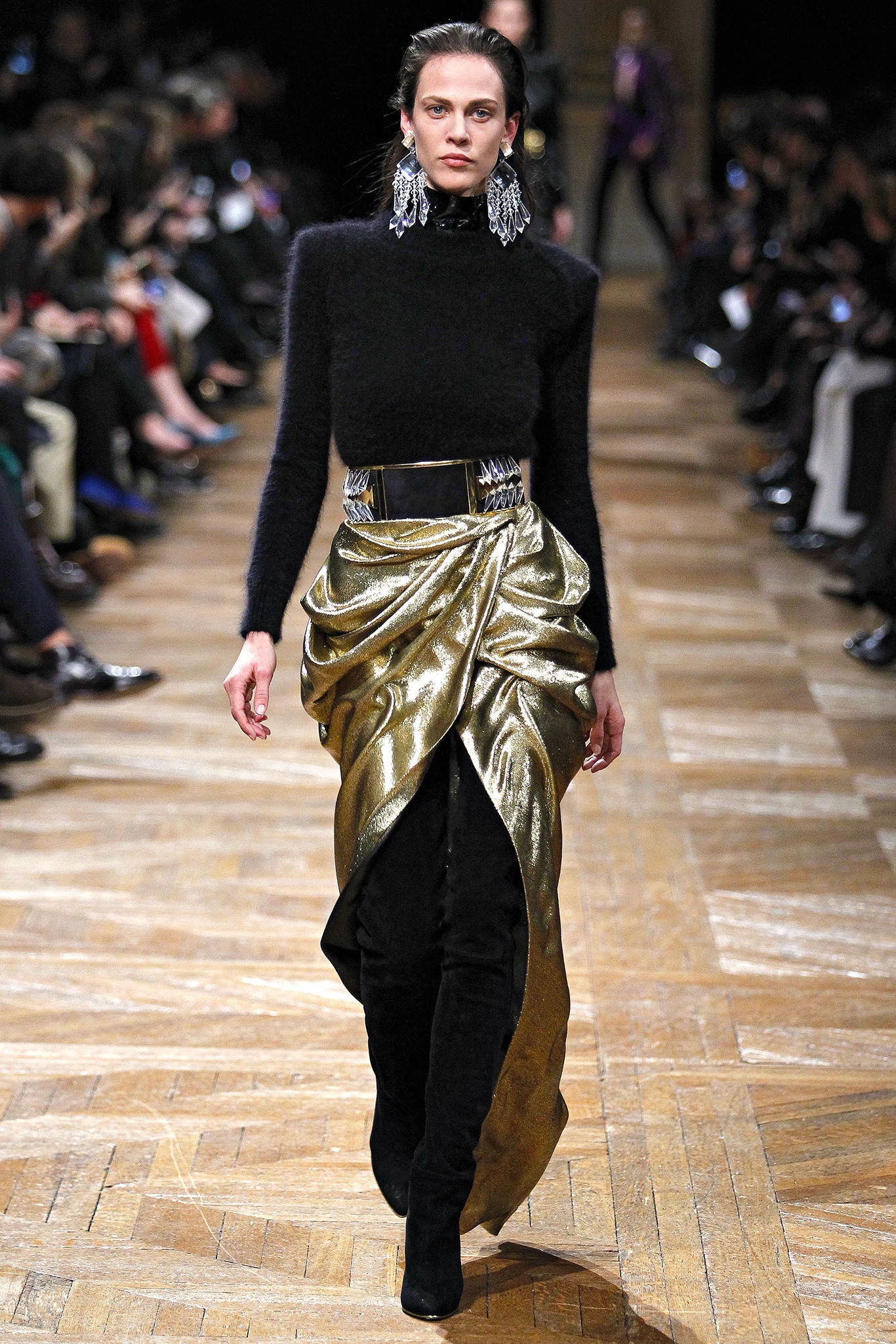 black fitted wool top with gold skirt