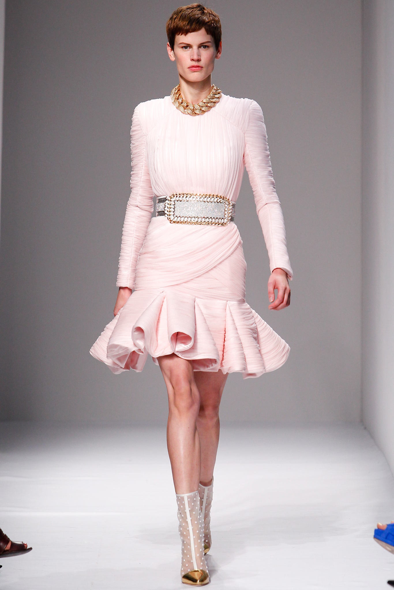 pink silk long-sleeve v-neck fitted pleated ruffled dress