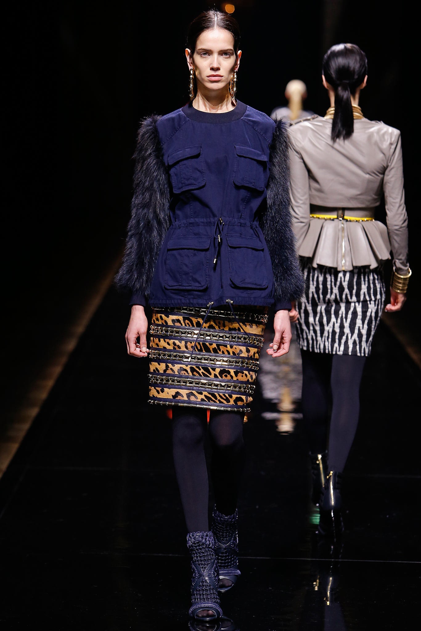blue fitted jacket with pockets and multi pencil skirt