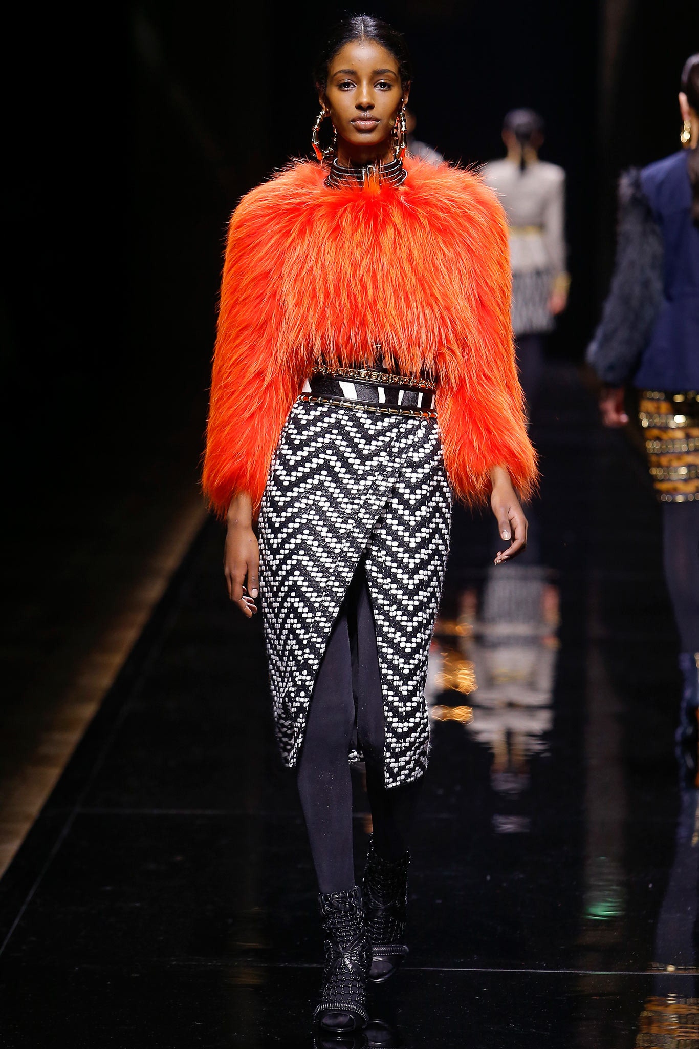 orange faux-fur top with pencil skirt