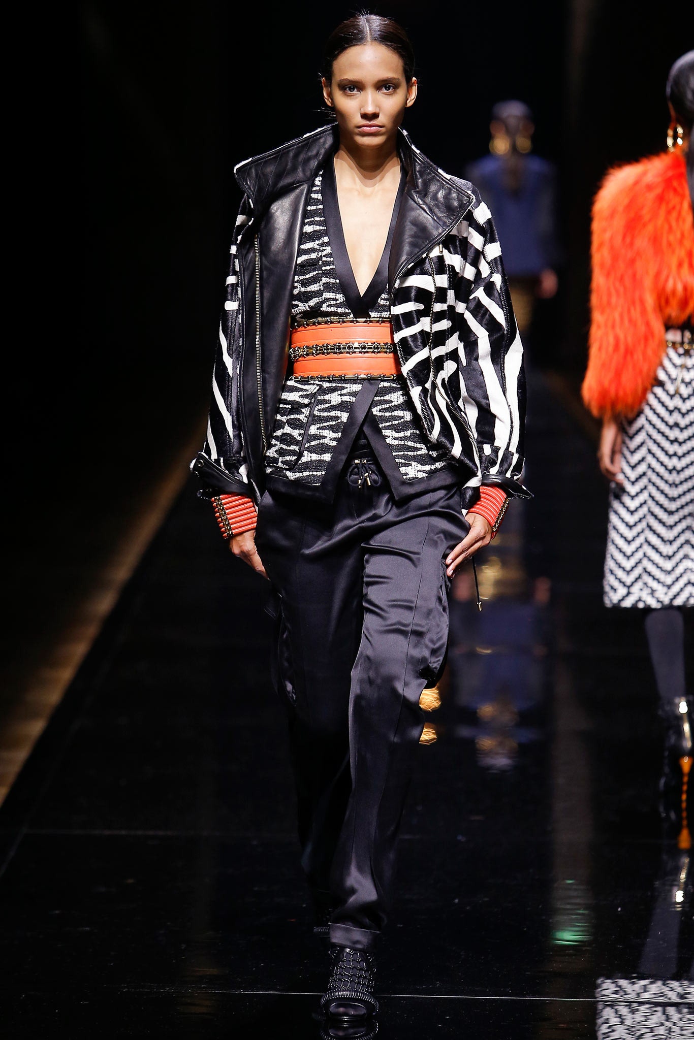 black and white fitted jacket with relaxed pants