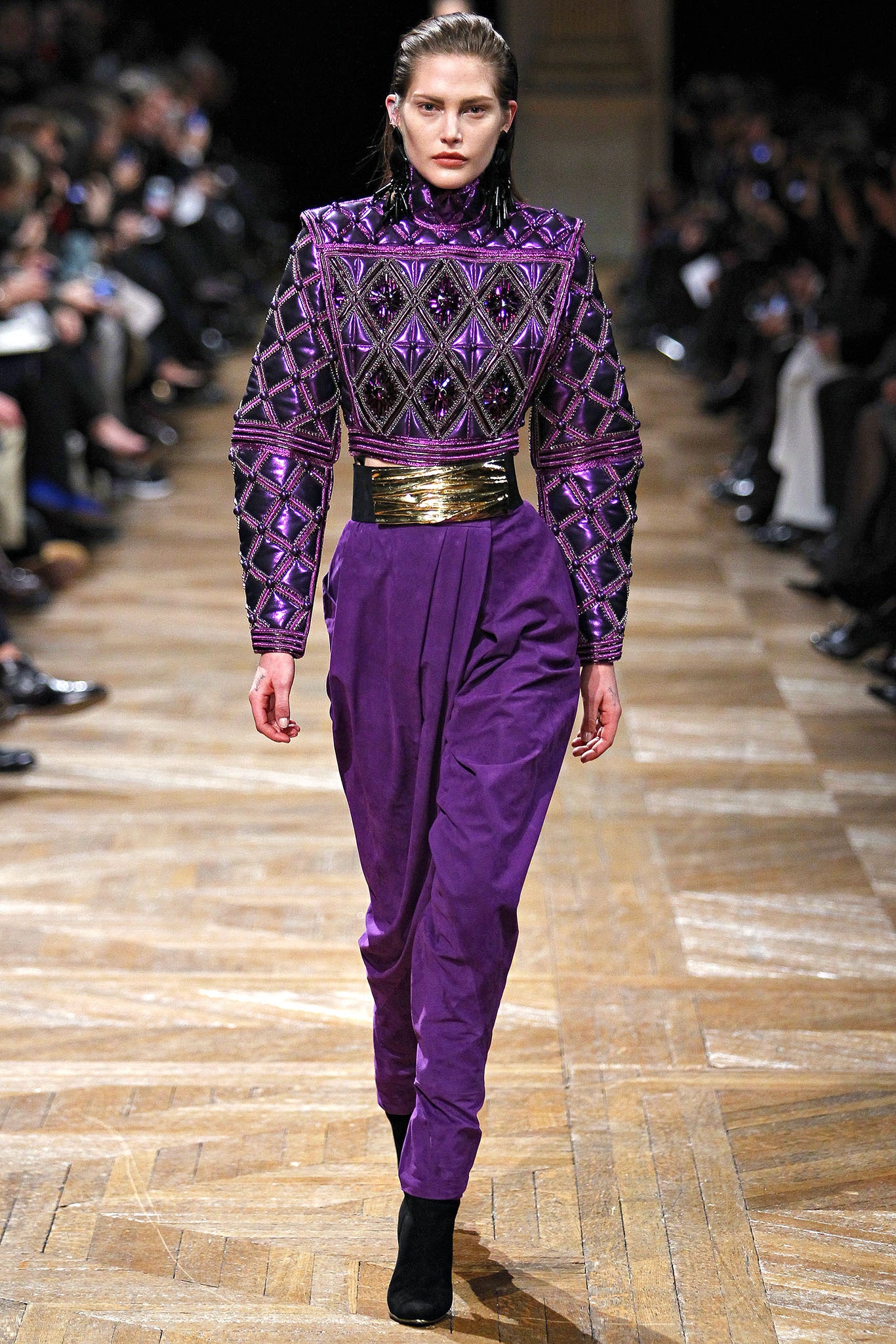 purple embroidered jumpsuit with gold belt