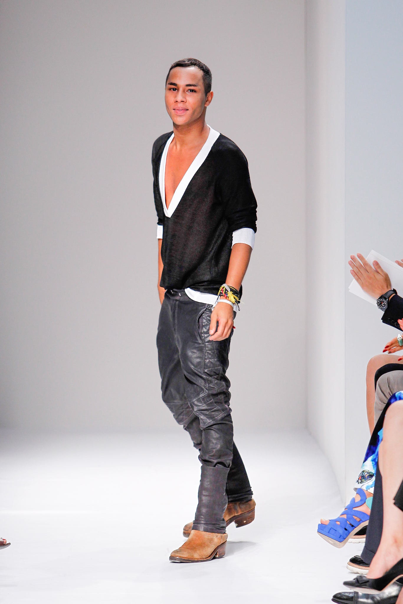 black fitted top and leather pants