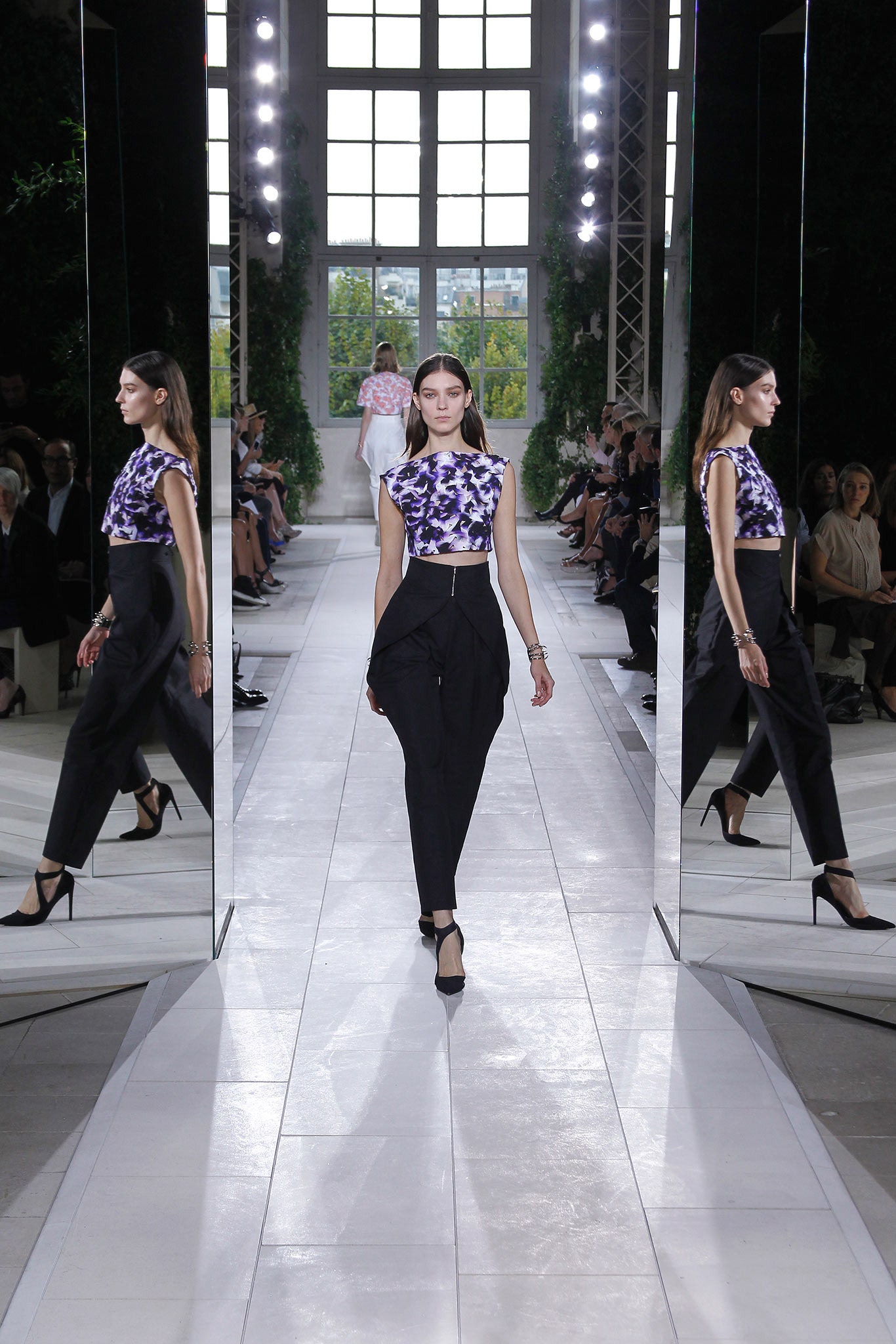 fitted floral top and tailored pants